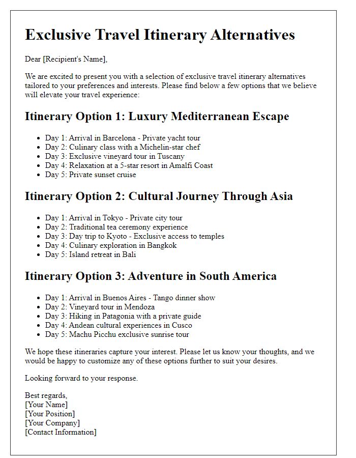 Letter template of exclusive travel itinerary alternatives