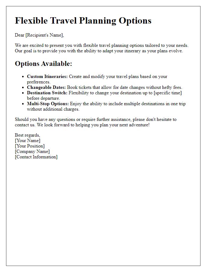 Letter template of flexible travel planning options