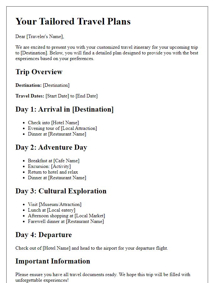 Letter template of tailored travel plans for your trip