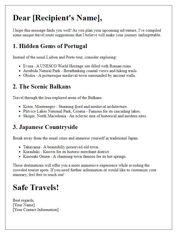 Letter template of unique travel route suggestions