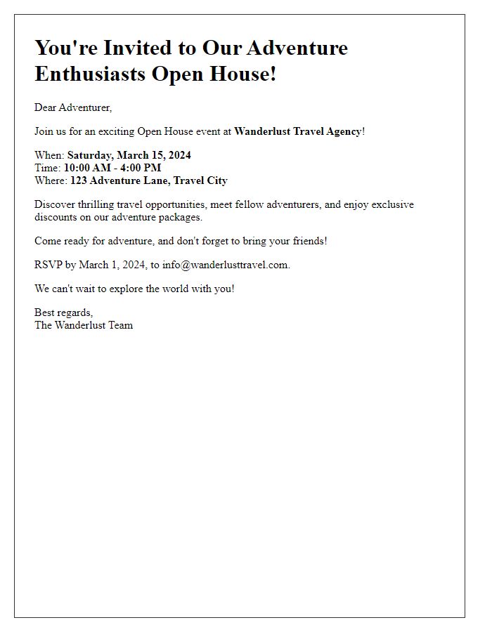 Letter template of Travel Agency Open House Invitation for Adventure Enthusiasts