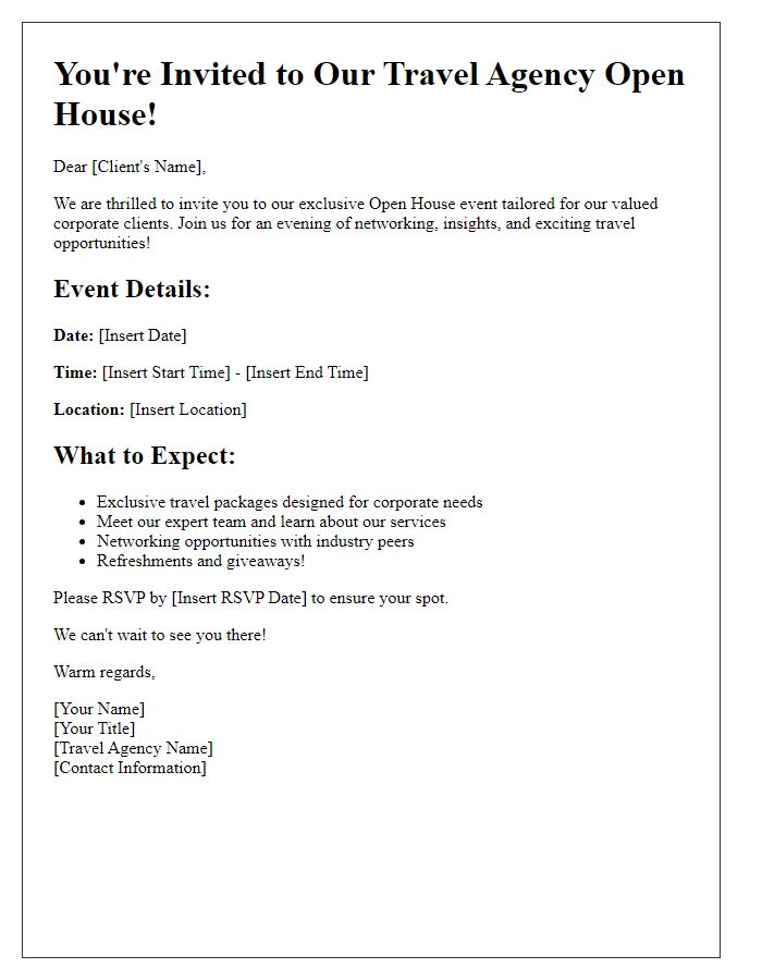 Letter template of Travel Agency Open House Invitation for Corporate Clients