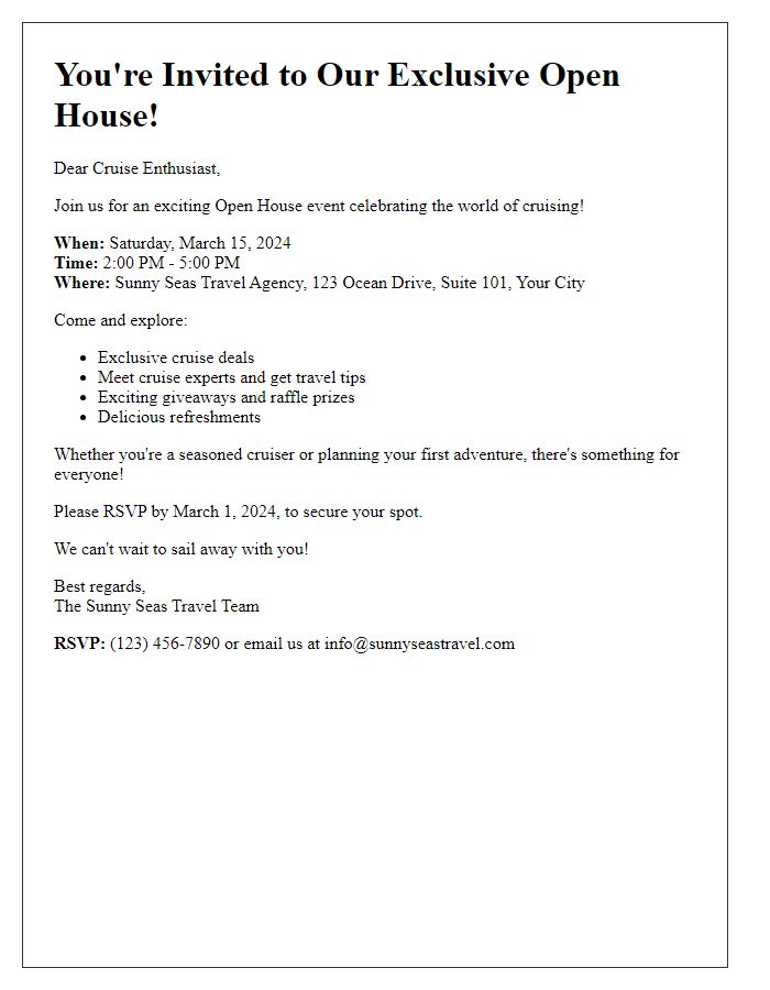 Letter template of Travel Agency Open House Invitation for Cruise Lovers