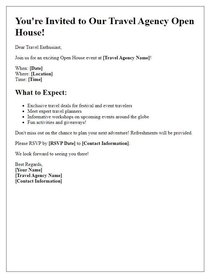 Letter template of Travel Agency Open House Invitation for Festival and Event Travelers