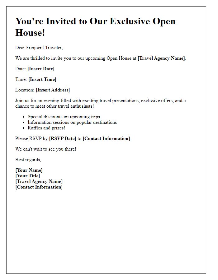 Letter template of Travel Agency Open House Invitation for Frequent Travelers