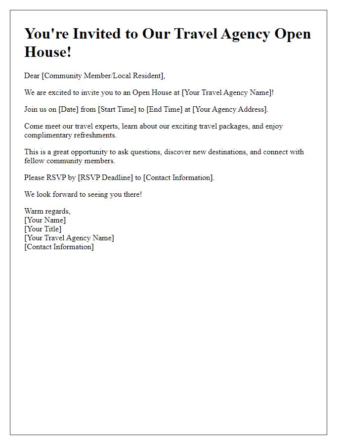 Letter template of Travel Agency Open House Invitation for Local Community