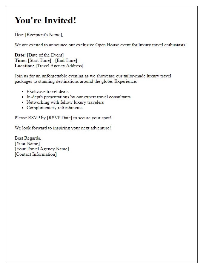 Letter template of Travel Agency Open House Invitation for Luxury Trip Seekers