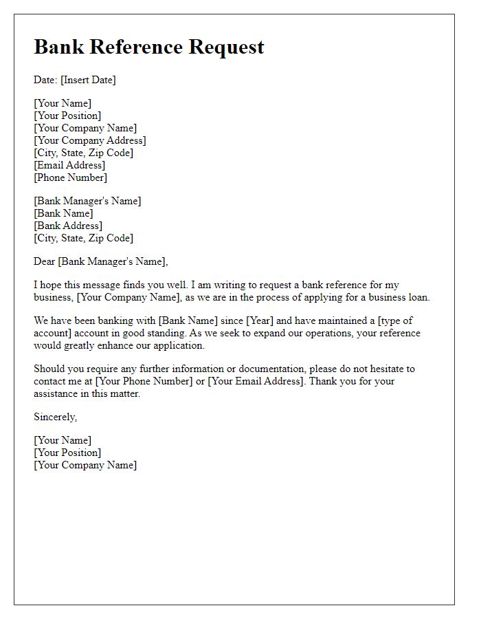 Letter template of bank reference request for business loan.