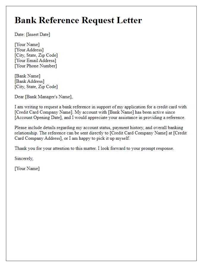 Letter template of bank reference request for credit card application.