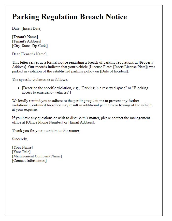 Letter template of parking regulation breach notice for tenants