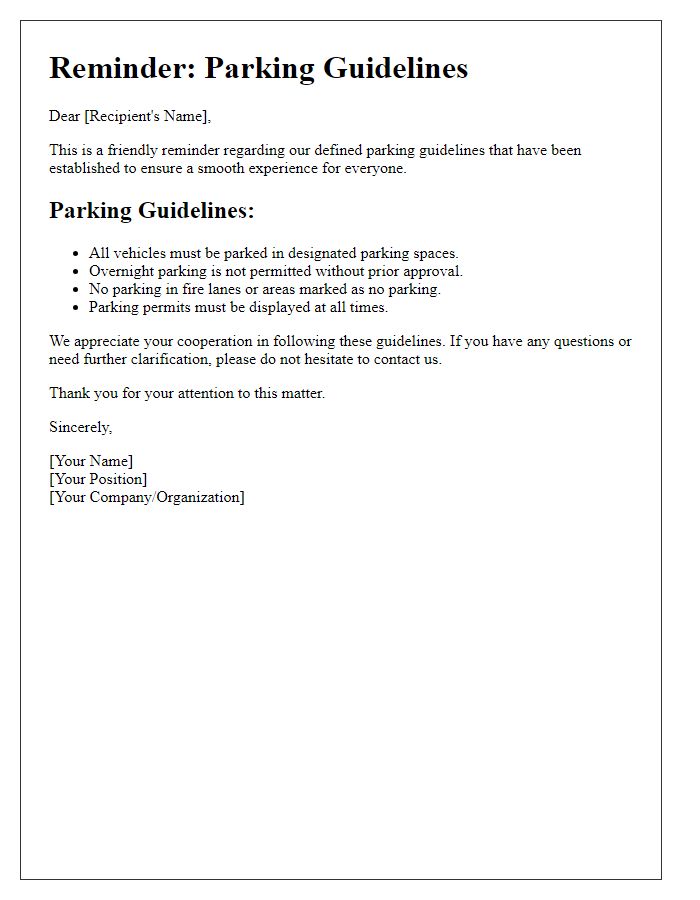 Letter template of reminder about defined parking guidelines