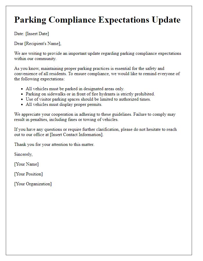 Letter template of update regarding parking compliance expectations