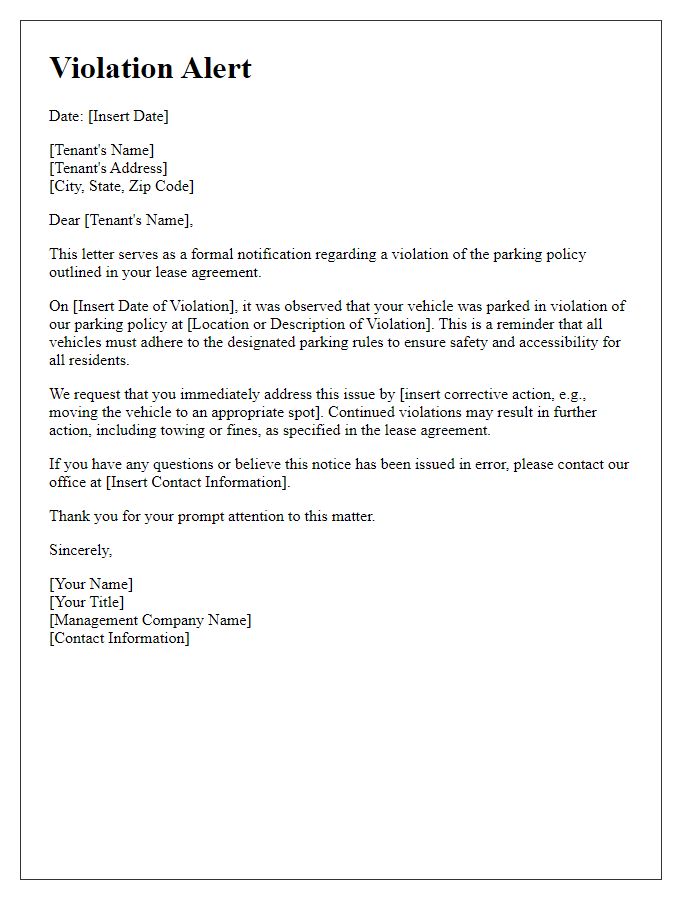 Letter template of violation alert for tenant parking policy