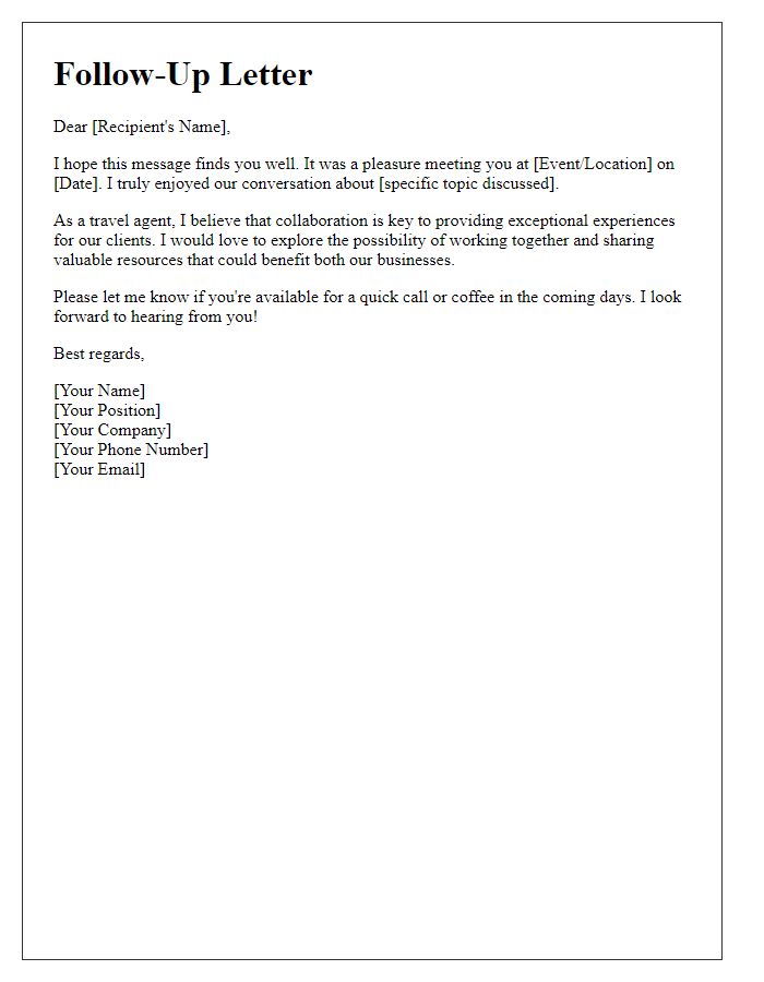 Letter template of travel agent networking follow-up