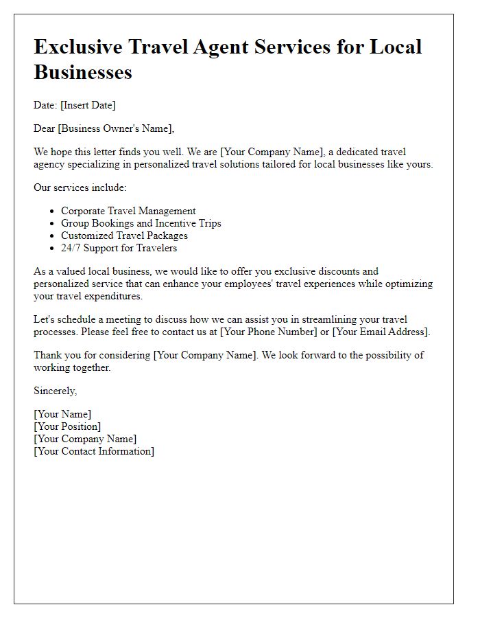 Letter template of travel agent service offer for local businesses