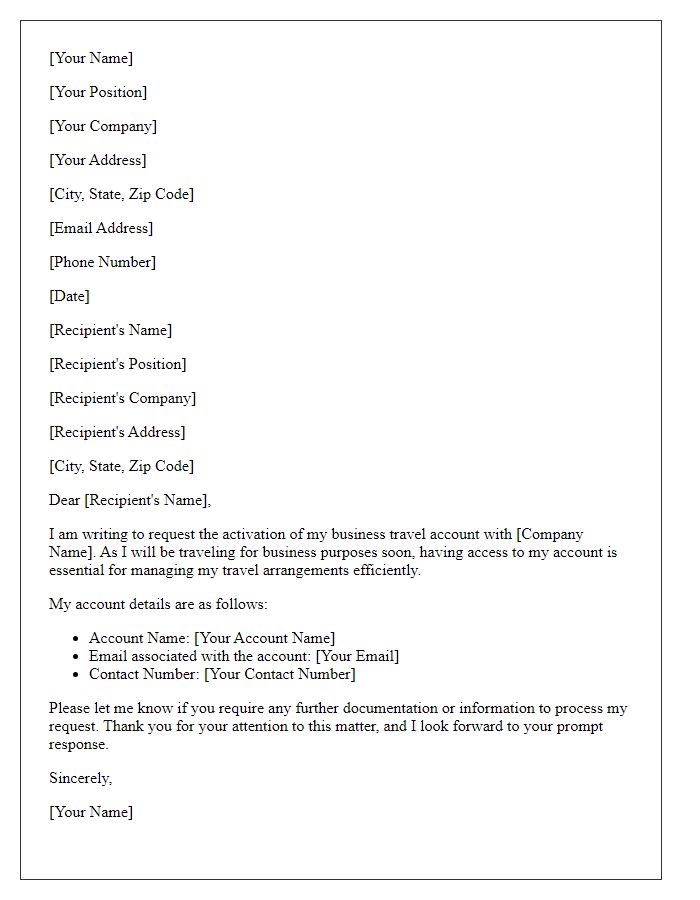 Letter template of business travel account activation request.