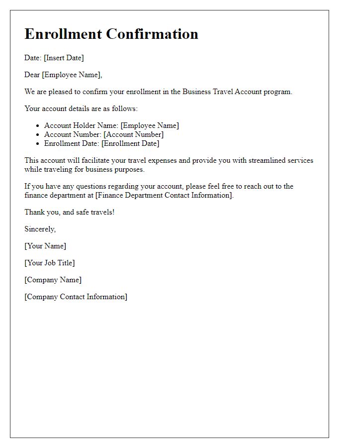 Letter template of business travel account enrollment confirmation.