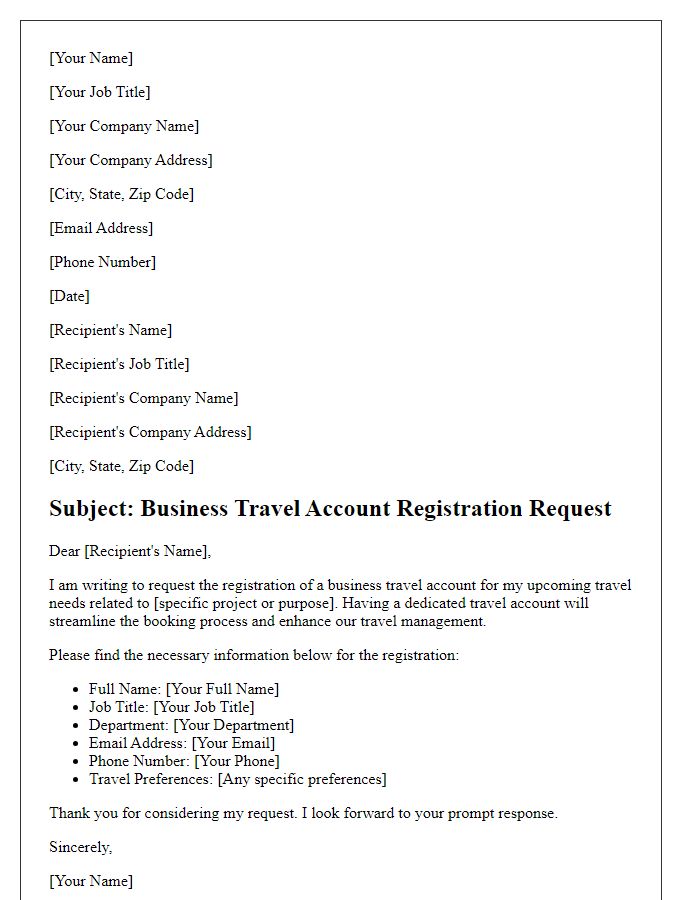 Letter template of business travel account registration request.