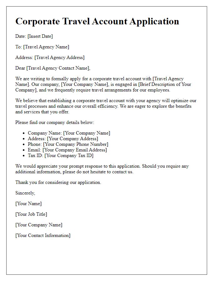 Letter template of corporate travel account application.