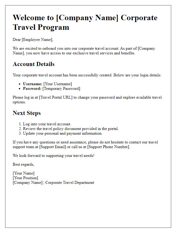 Letter template of corporate travel account onboarding.