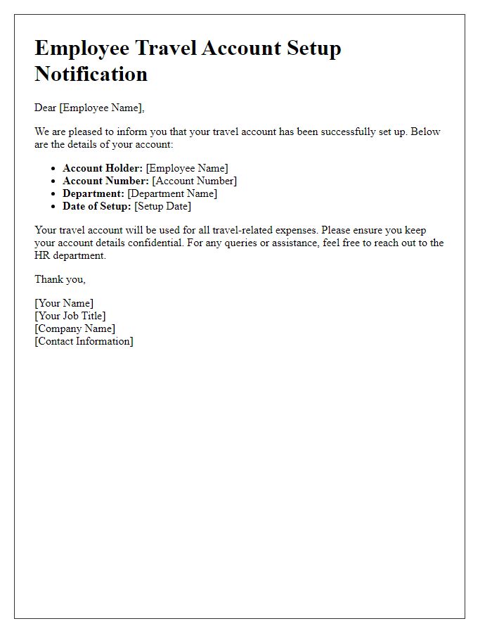 Letter template of employee travel account setup notification.