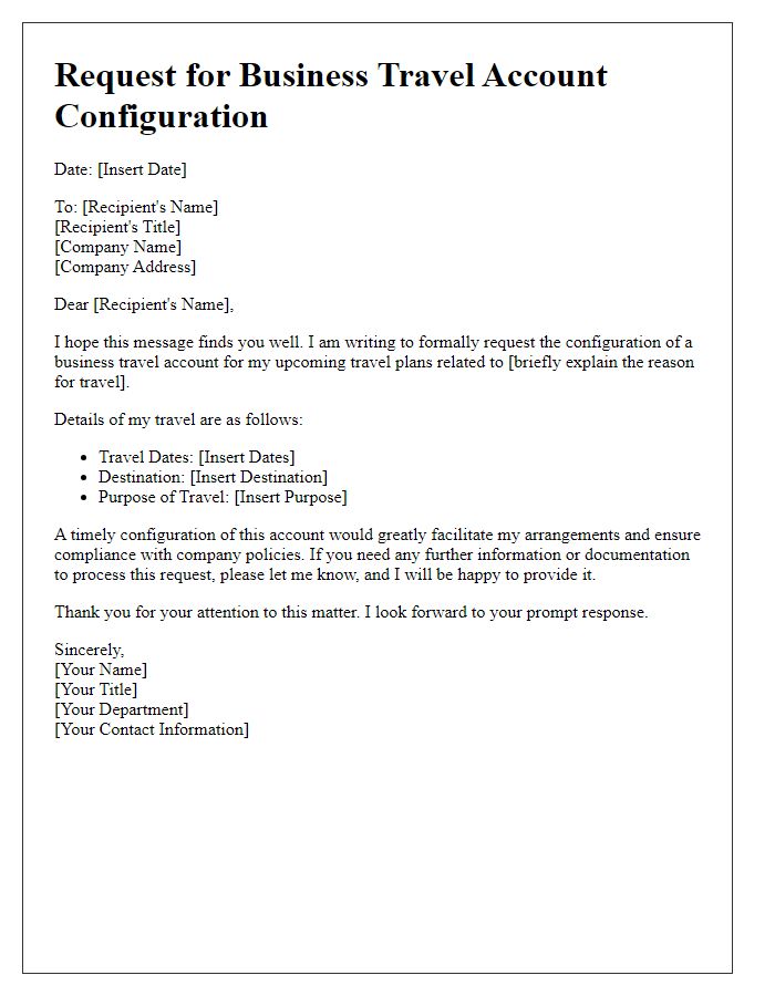 Letter template of request for business travel account configuration.