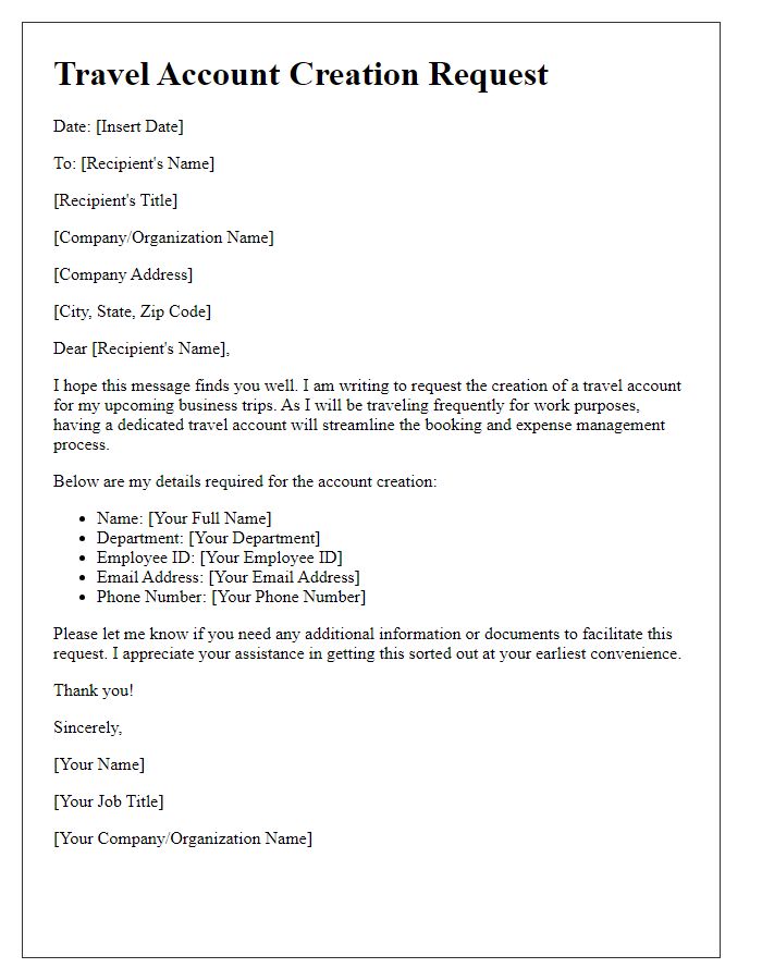 Letter template of travel account creation for employees.