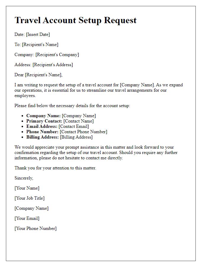 Letter template of travel account setup for company use.