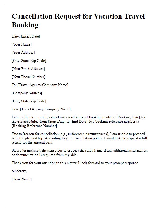 Letter template of vacation travel booking cancellation to request a refund.