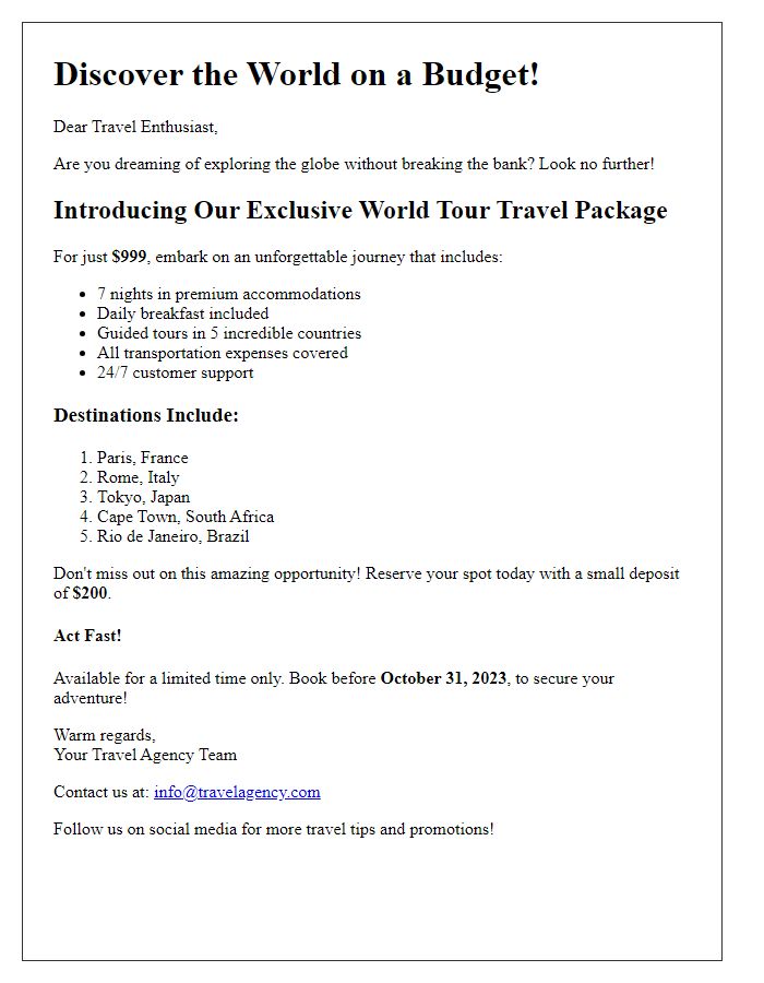 Letter template of a budget-friendly world tour travel package promotion