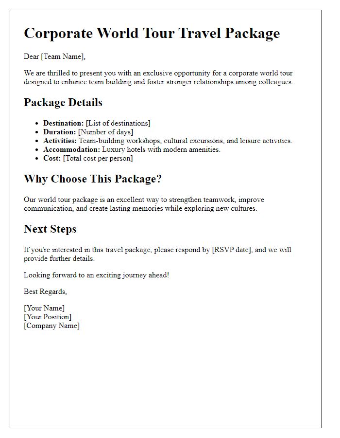 Letter template of a corporate world tour travel package for team building