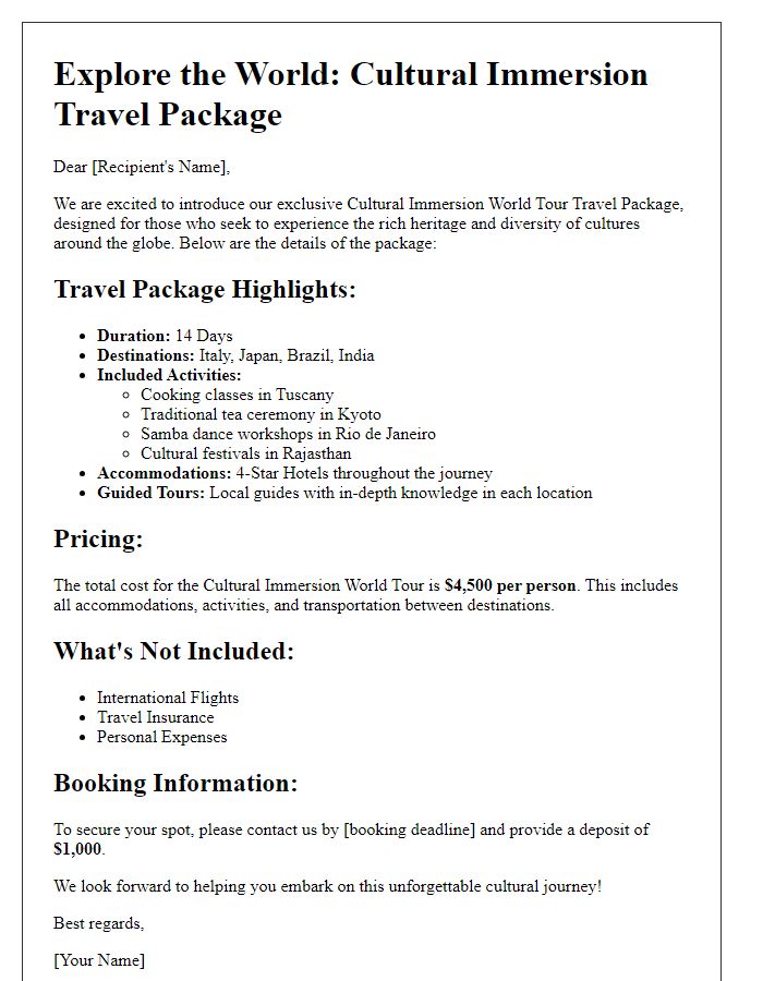 Letter template of a cultural immersion world tour travel package details