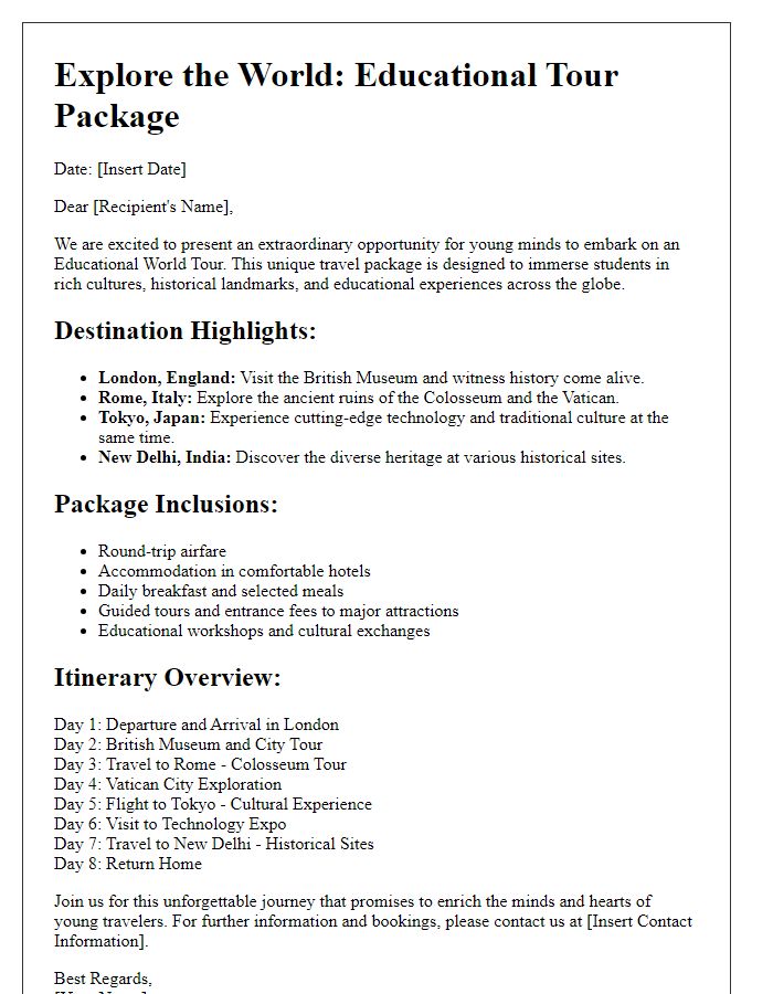 Letter template of an educational world tour travel package description