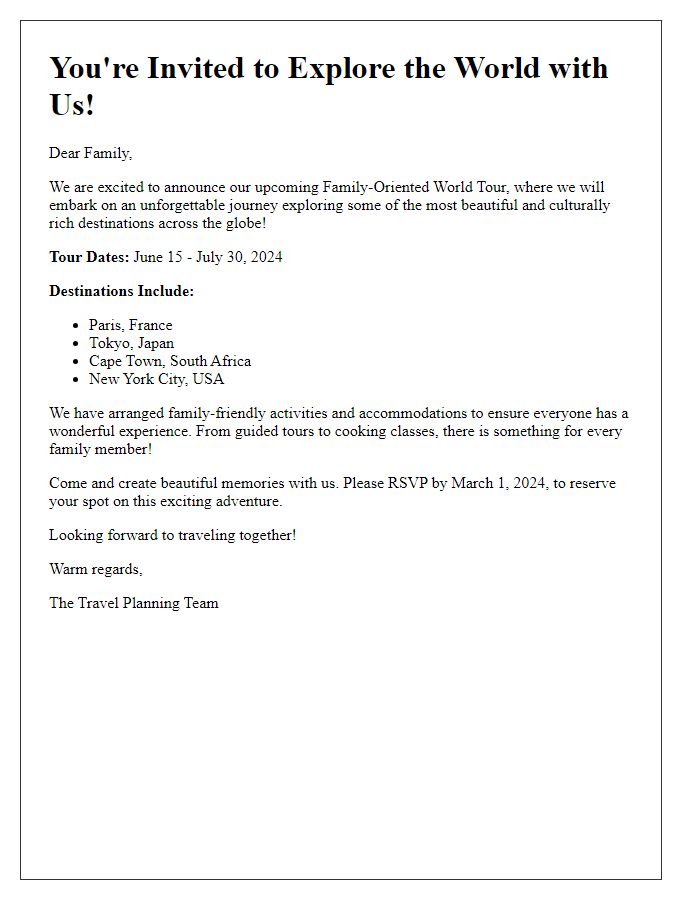 Letter template of a family-oriented world tour travel package invitation