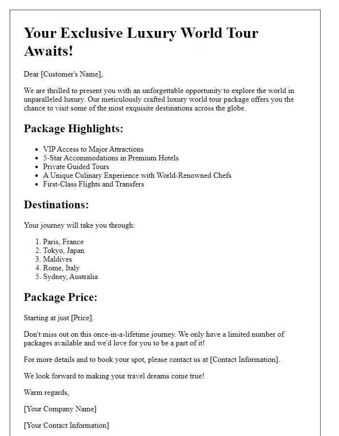 Letter template of a luxurious world tour travel package offer