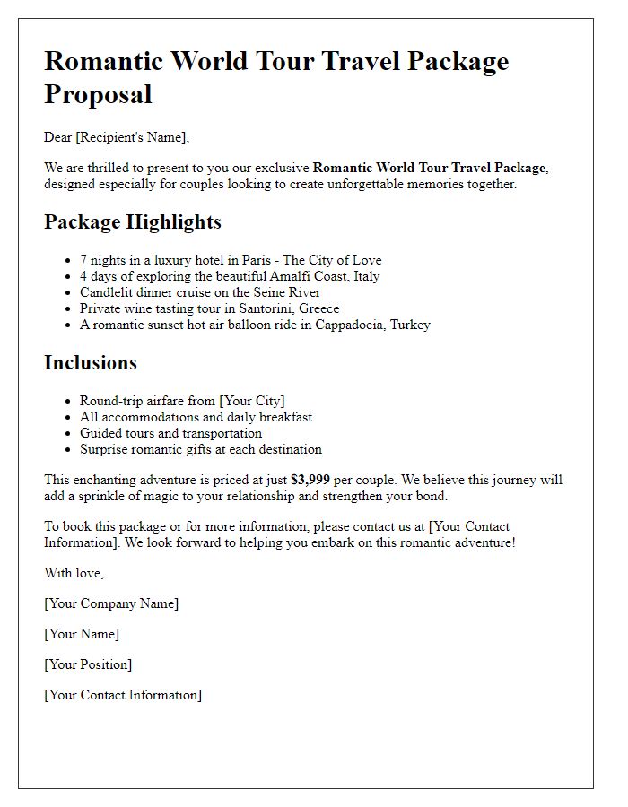 Letter template of a romantic world tour travel package proposal