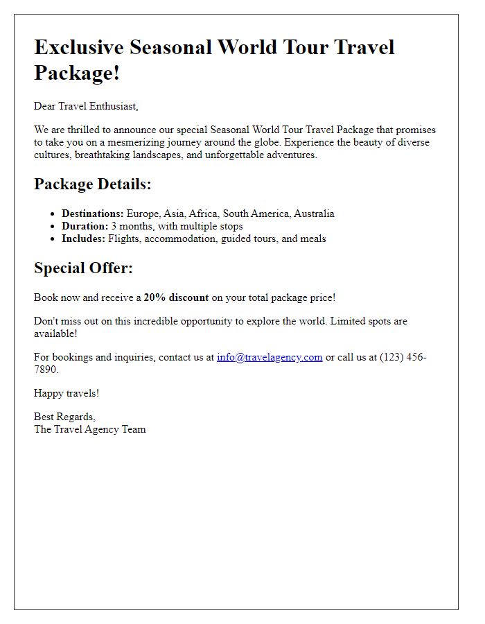 Letter template of a seasonal world tour travel package special