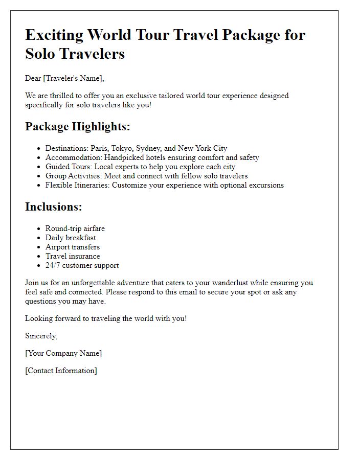 Letter template of a tailored world tour travel package for solo travelers