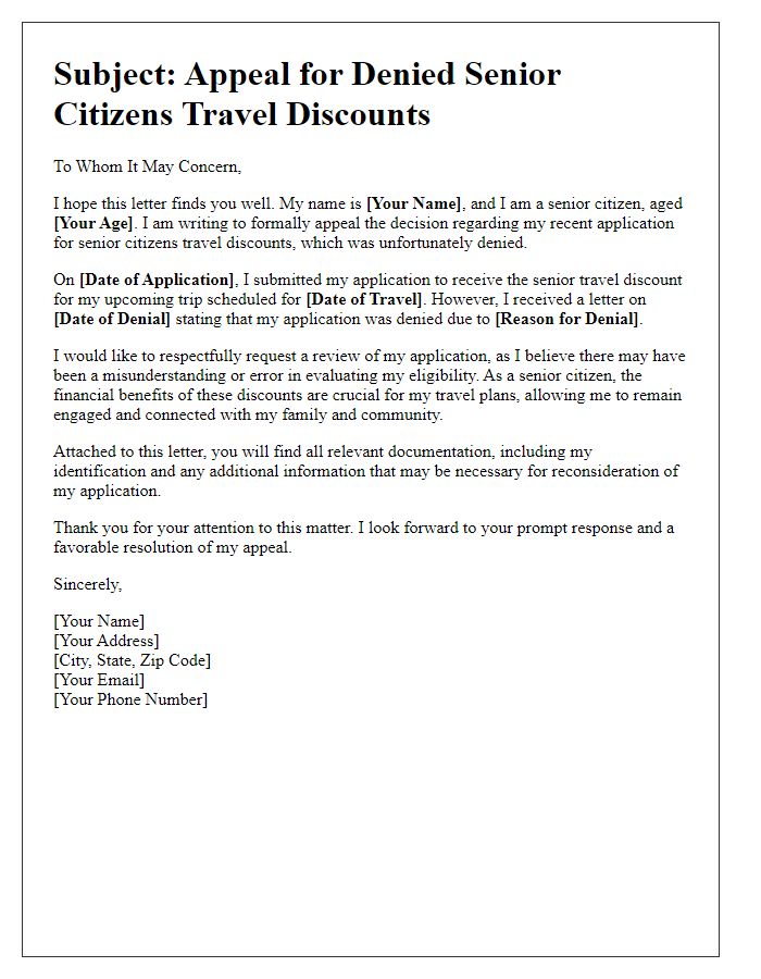 Letter template of appeal for denied senior citizens travel discounts