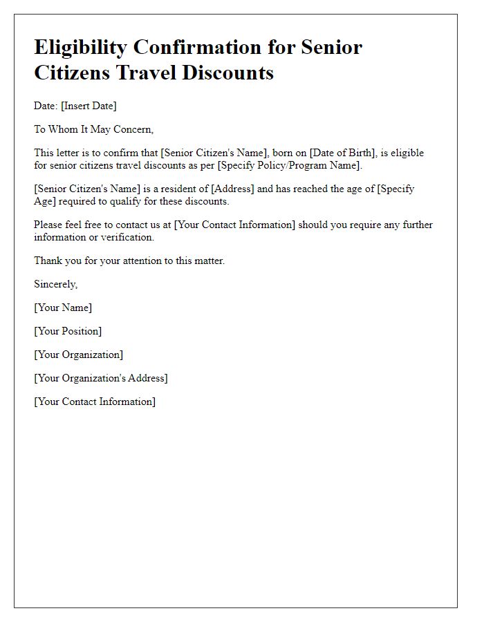 Letter template of eligibility confirmation for senior citizens travel discounts