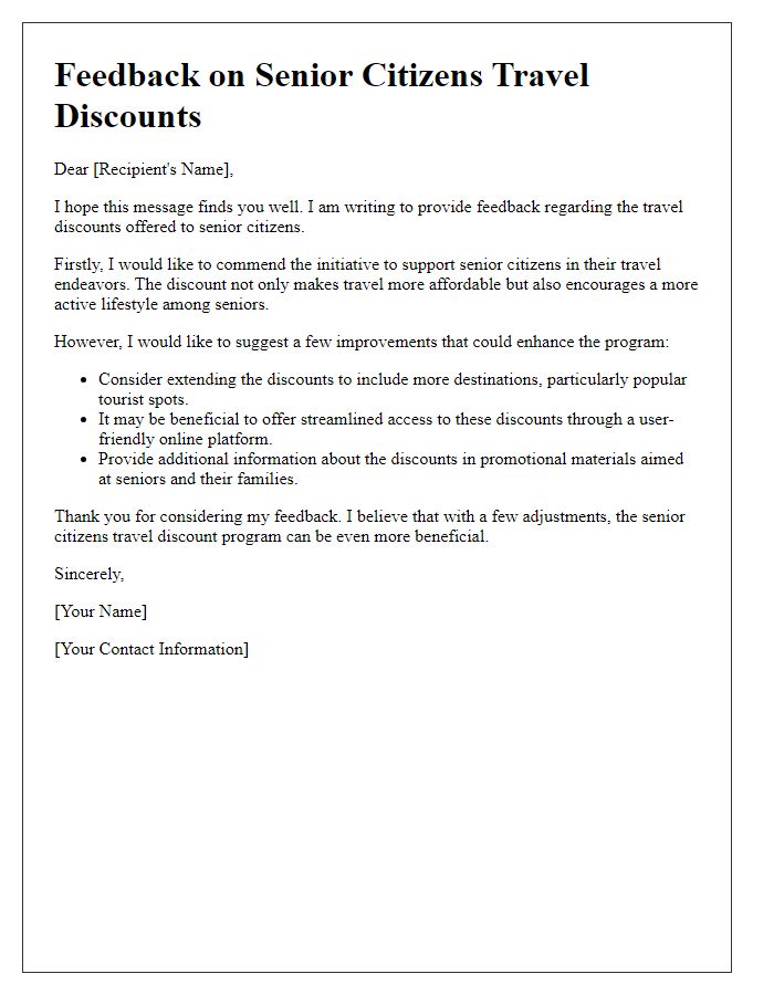 Letter template of feedback regarding senior citizens travel discounts