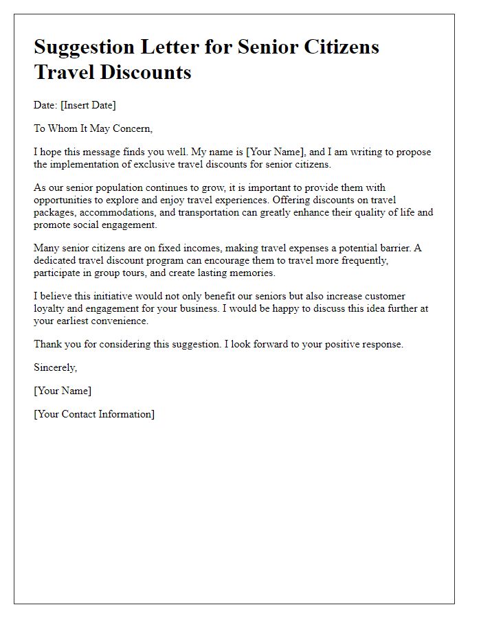 Letter template of suggestion for new senior citizens travel discounts