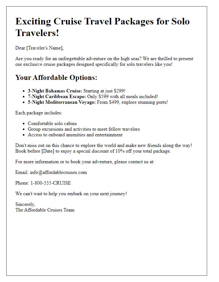 Letter template of affordable cruise travel package offers for solo travelers.