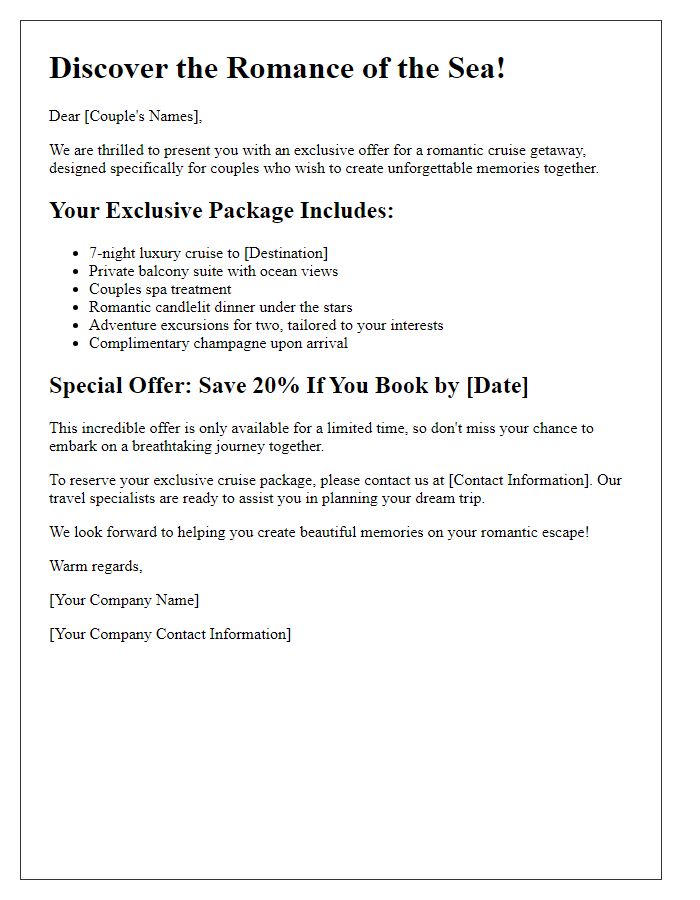 Letter template of exclusive cruise travel package offers for couples.