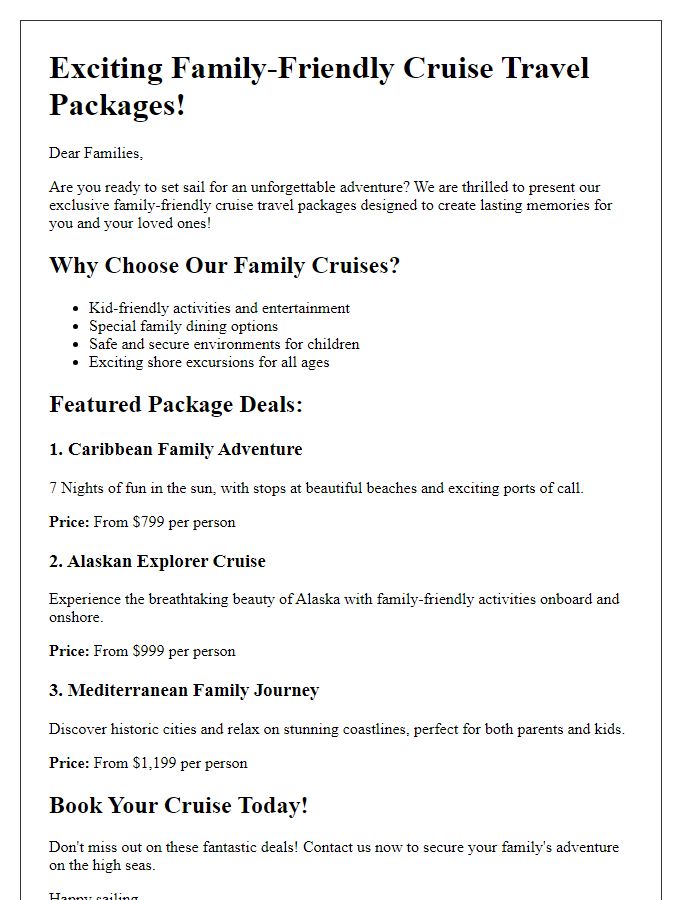 Letter template of family-friendly cruise travel package deals.