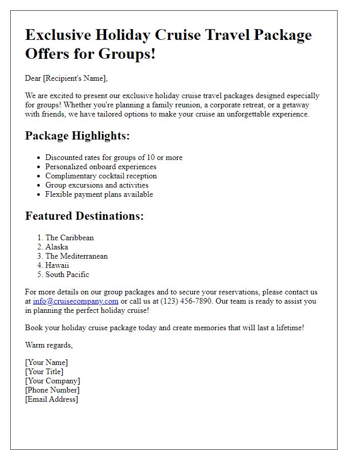 Letter template of holiday cruise travel package offers for groups.