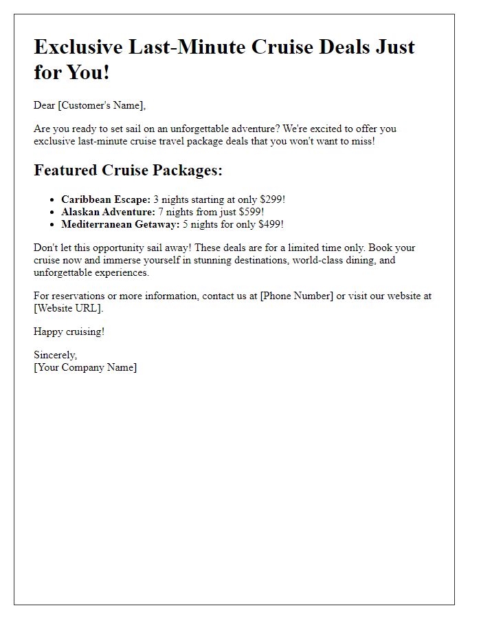 Letter template of last-minute cruise travel package deals.