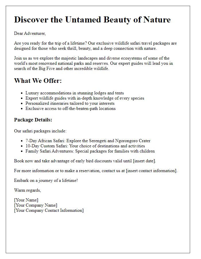 Letter template of exclusive wildlife safari travel packages