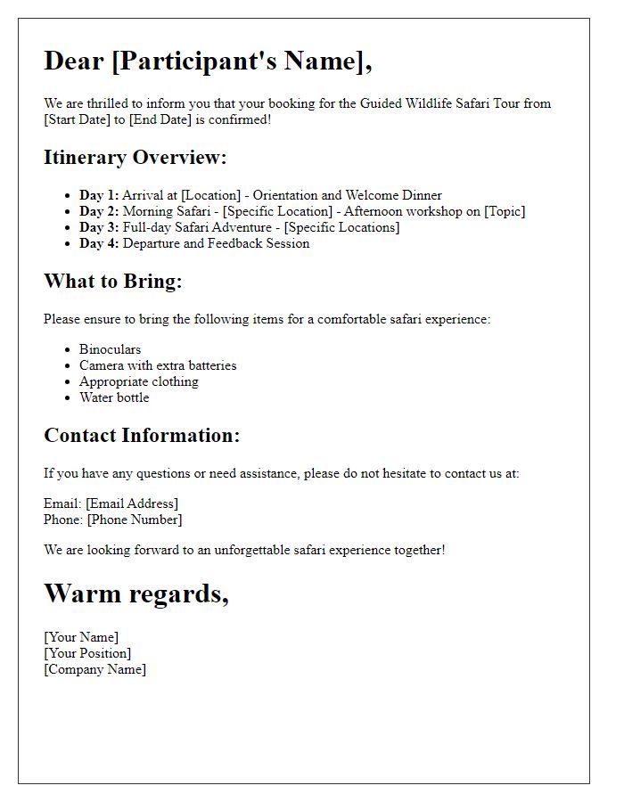 Letter template of guided wildlife safari tours