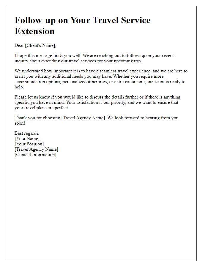 Letter template of travel agency service extension follow-up